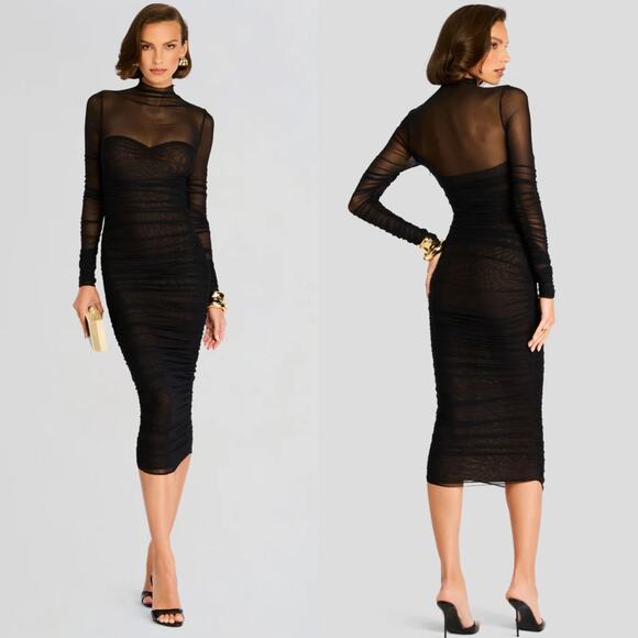 SER.O.YA Dresses & Skirts - NWT SER.O.YA Trina Mesh Ruched Midi Dress in Black Size XS